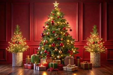 Cozy Christmas Tree in Red Room with Gift Boxes for Festive Celebrations and Holiday Decor