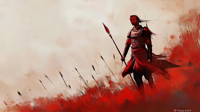 Female warrior standing strong amid a battlefield, ready for action.