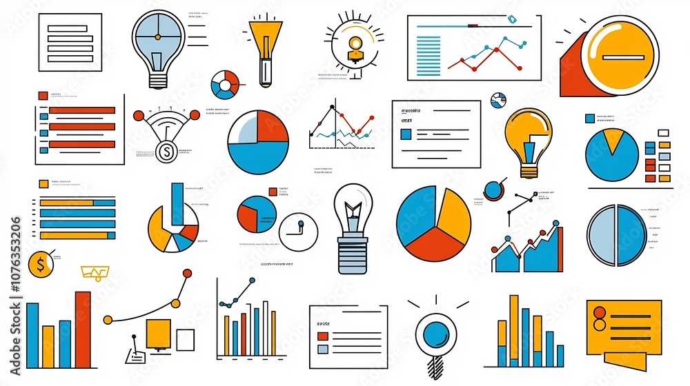 Poster A collection of thin line icons representing various symbols and elements used in survey report and business data analysis  The features clean minimalist designs suitable for infographics dashboards