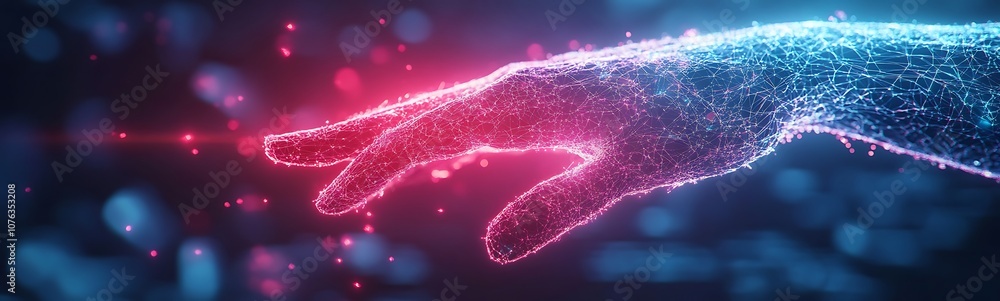 Poster A digitally rendered hand made of shimmering particles extends towards a glowing point, symbolizing connection and the fusion of technology with humanity.