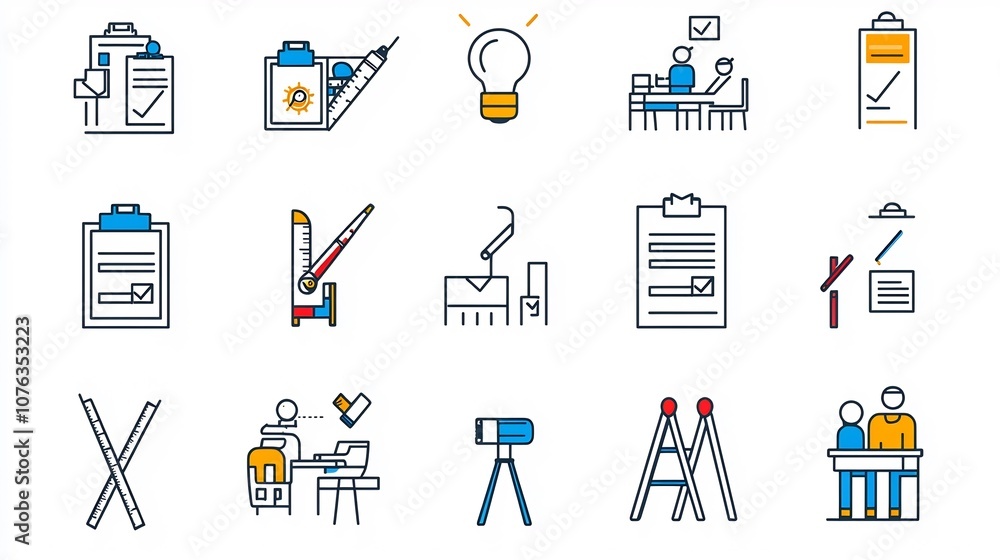 Leinwandbilder A set of thin line icons focused on survey and test evaluation concepts including report inspection and checklist symbols in a simple style  These icons can be used for data assurance research