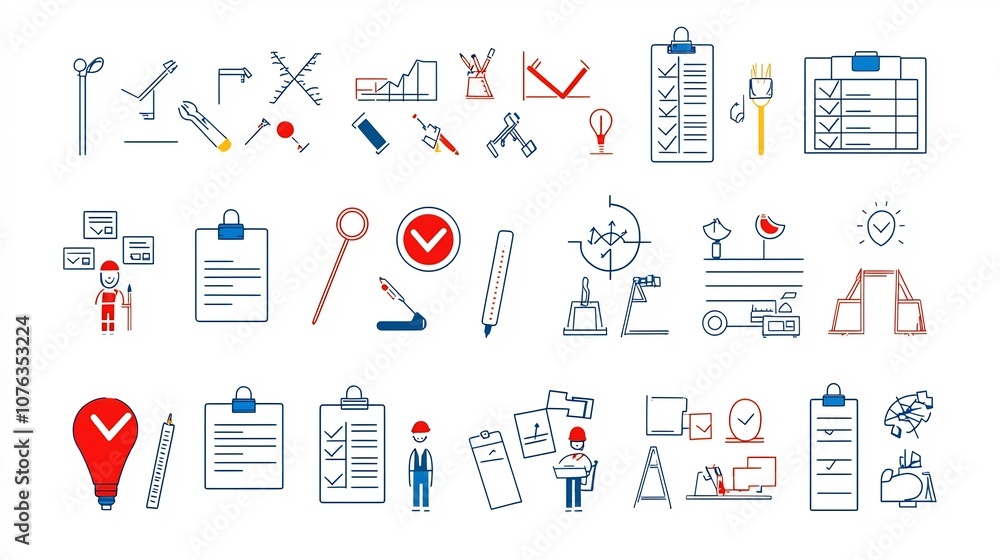 Aufkleber A set of thin line icons focused on survey and test evaluation concepts including report inspecting and checklist symbols in a simple style