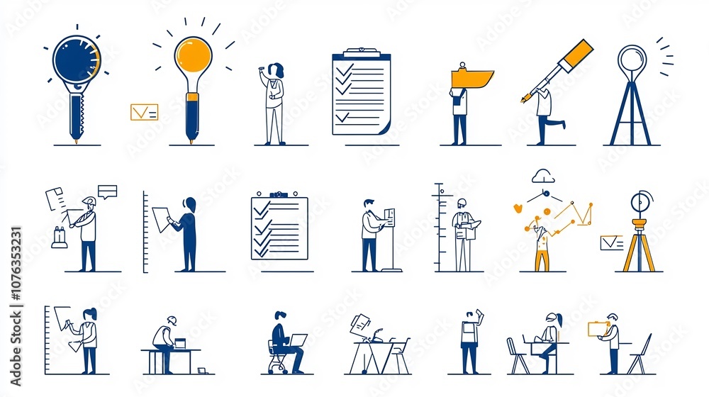 Aufkleber Minimalistic icons and focused on survey test and evaluation concepts such as report inspection checklist analysis and data analytics in a clean modern style