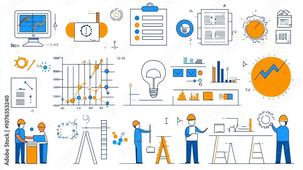 Poster Clean of various business data and inspection icons including symbols for analysis  Represent concepts like metrics statistics information analytics and data visualization for commercial corporate