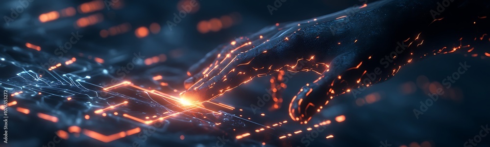 Poster A futuristic hand interacts with glowing data symbols, representing technology, digital connection, and advanced computing.