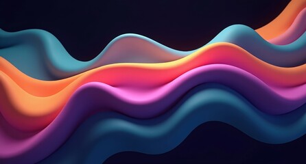 Periwinkle, marigold, plum, and teal colors flow fluidly over a dark background, forming a serene, abstract gradient with undulating lines in Corona Renderer style.