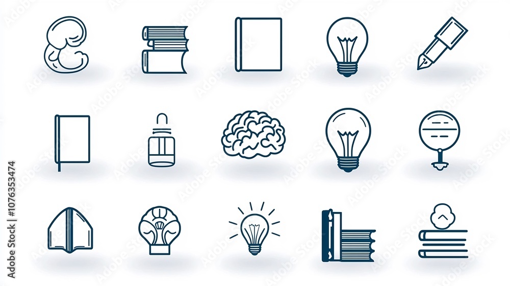 Aufkleber minimalist thin line icon set depicting knowledge and education themes including book brain and ligh