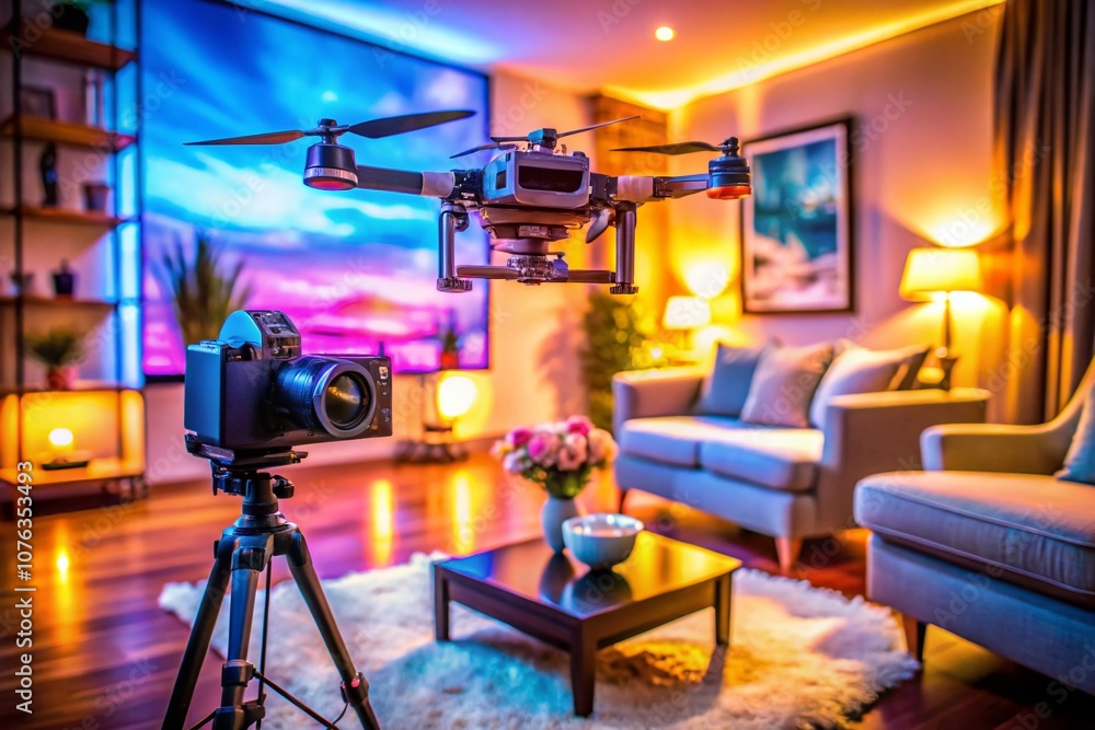 Poster a video camera capturing a scene from a television screen in a modern home setup with ambient lighti