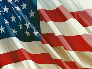 The American flag, adorned with bold stripes and bright stars, flows gently in a soft breeze, capturing the spirit of patriotism and national pride in a serene environment.