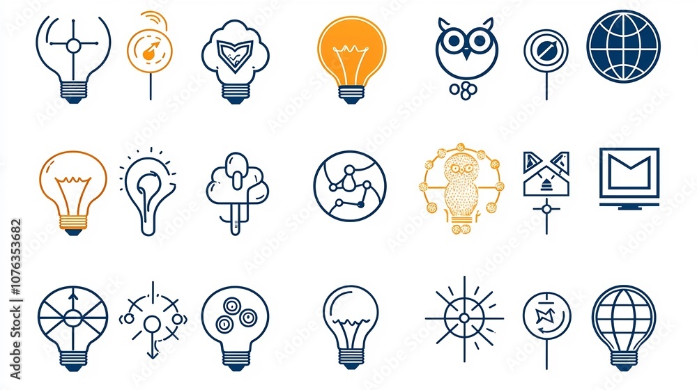 Poster collection of iconic symbols representing intelligence clever ideas and innovative concepts in a cle