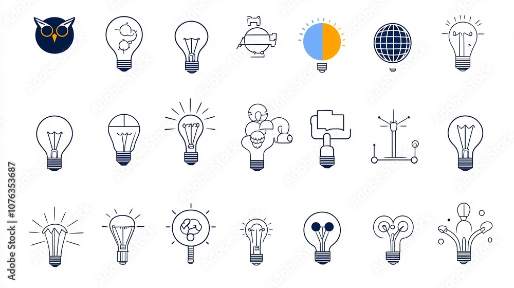 Poster Conceptual depicting intelligence and clever ideas through the use of iconic symbols such as a light bulb globe and owl in a clean minimalist line design