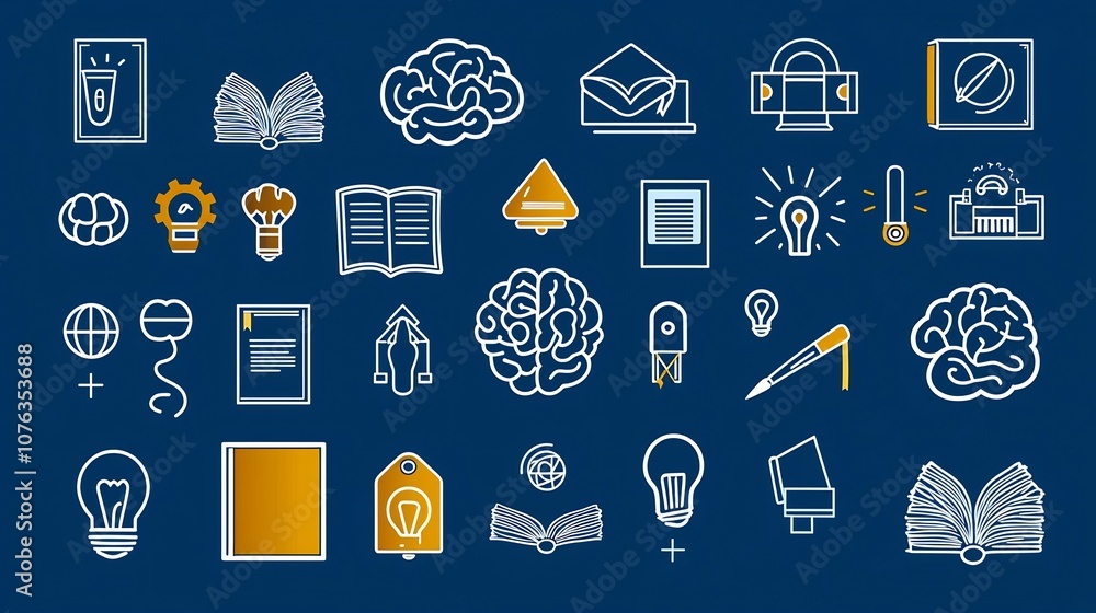 Poster thin line icons for education and learning concept featuring book brain and creativity symbols in a 