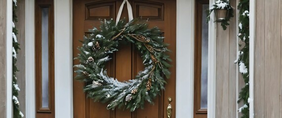 A Christmas wreath hung on an elegant wooden door dusted lightly with snow