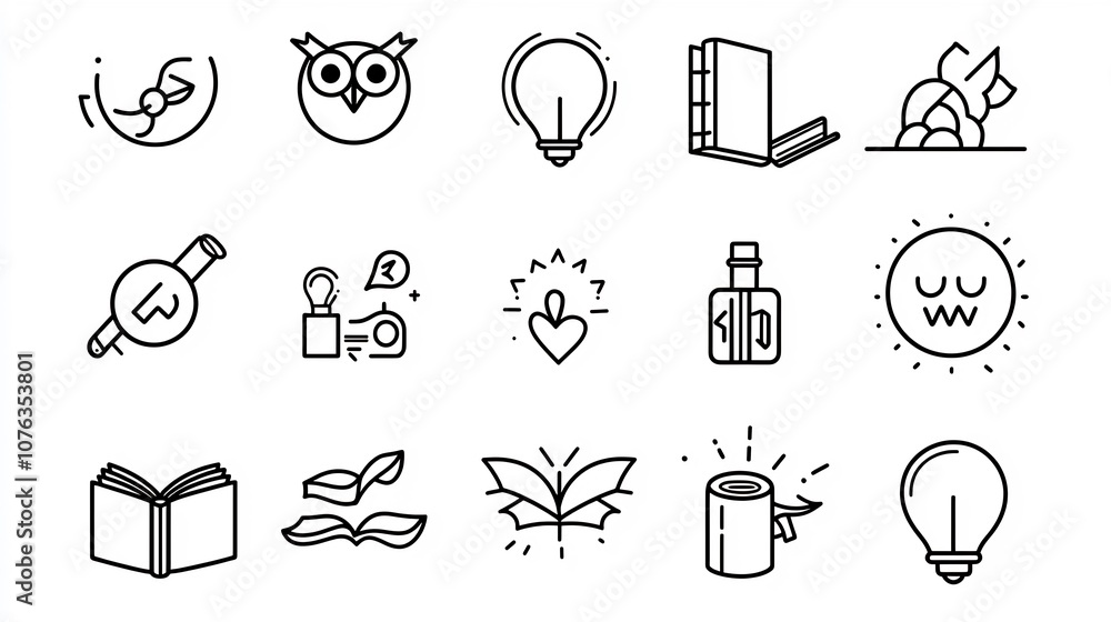 Poster Set of thin line icons focused on knowledge and discovery featuring book owl and idea symbols in a simple style  Representing concepts of creativity
