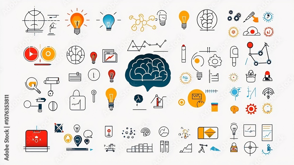 Poster Minimalist and clean icon set that visually represents cognitive themes such as mind idea and imagination  The abstract geometric symbols convey a sense of intellect reasoning