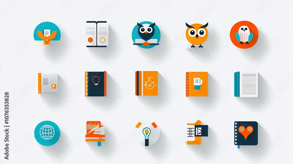 Poster Collection of thin line icons focused on the themes of knowledge discovery and intellectual pursuits  Featuring symbolic elements such as a book an owl and an idea bulb in a simple