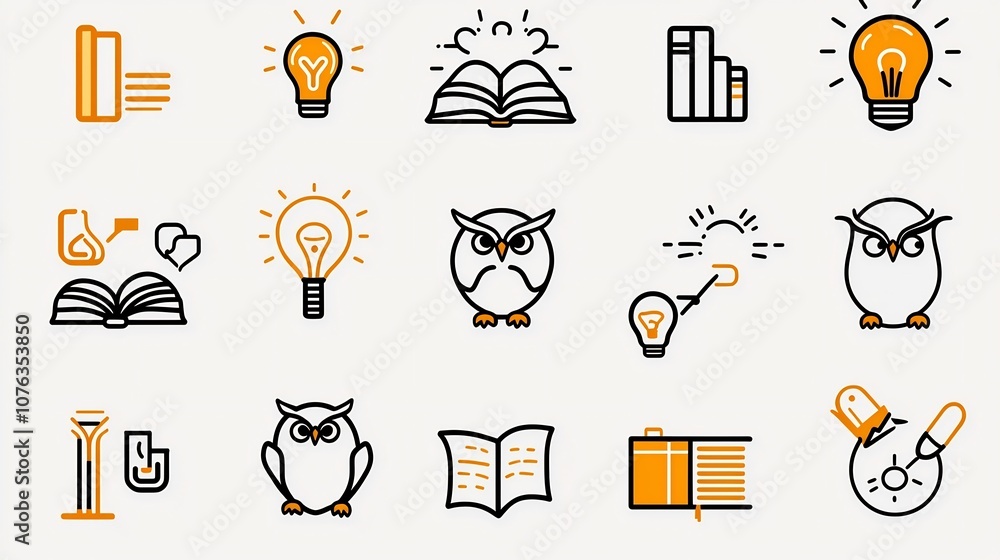 Aufkleber Minimalist thin line icons in a simple style focused on themes of knowledge and discovery  Featuring symbols like a book owl and light bulb to represent learning wisdom and innovative ideas