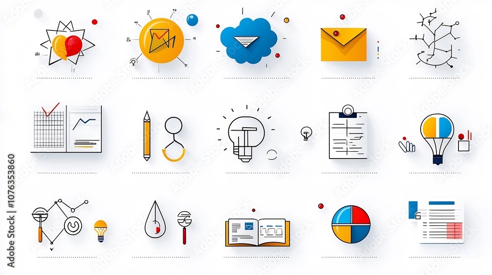 Aufkleber minimal with iconic symbols and shapes representing educational themes such as creativity intelligen