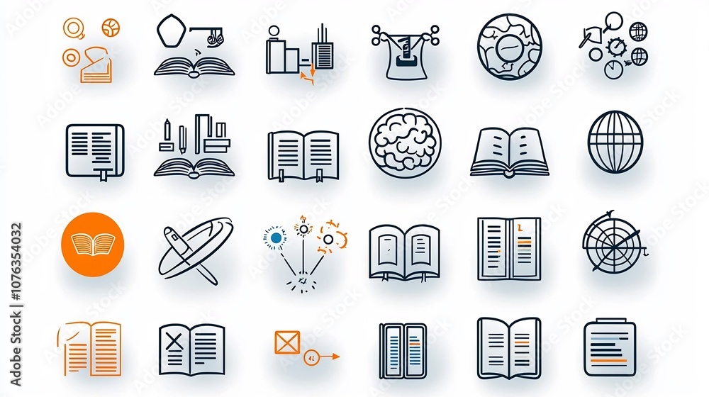 Aufkleber Versatile Collection of Icons Representing Academic and Creative Knowledge Concepts Including Book Globe and Mind Symbols with Clean Illustrative Lines