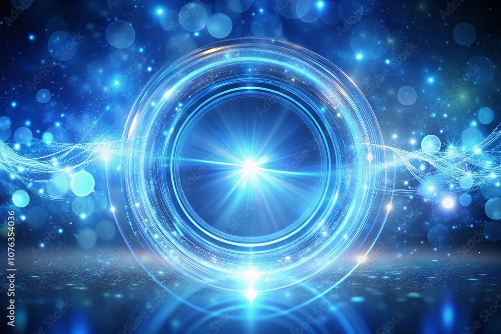 Poster abstract 3d rendering of glowing blue space lines with bokeh effect creating an energetic halo backg