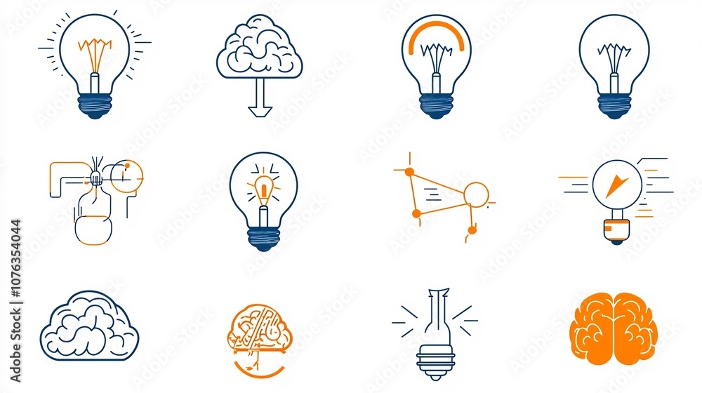 Aufkleber minimalist icon set illustrating the concept of genius and intelligence featuring light bulb brain a