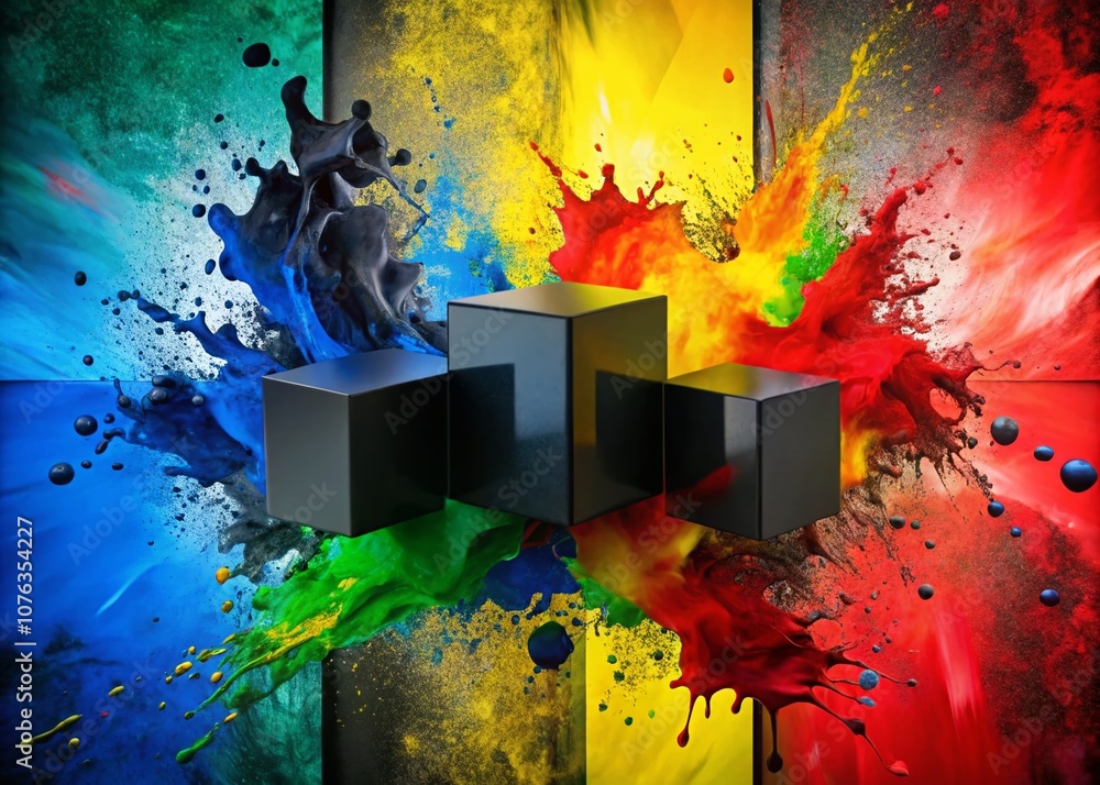 Poster abstract art featuring bold black shapes and vibrant color palette in a balanced composition using t