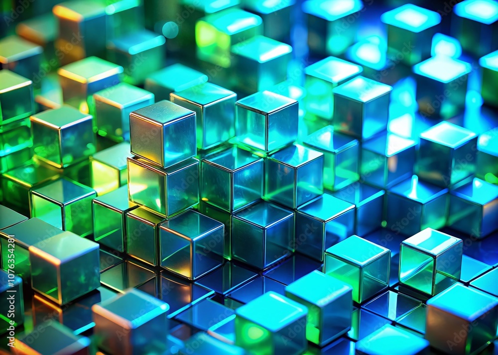 Poster abstract background of glowing blue and green cubes in tilt-shift photography style creating a dream