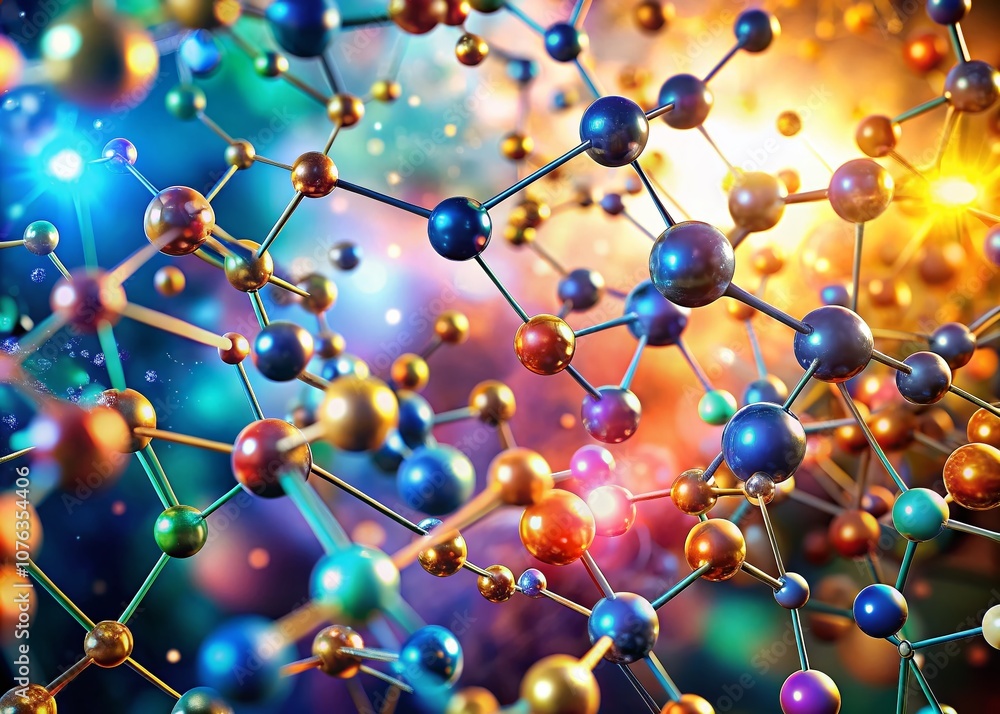 Poster abstract background with interconnected molecules and atoms in high depth of field, exploring the co