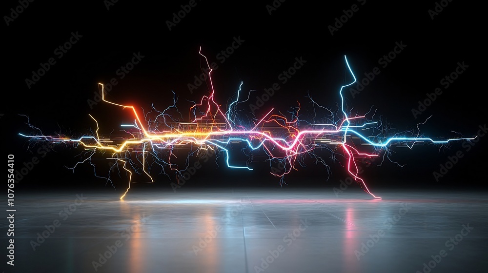 Poster Multicolored electrical sparks branching out in vivid sharp lightning like patterns glowing with intense energy on a transparent background for a futuristic dramatic visual impact
