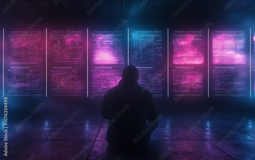 Poster a silhouetted figure sits before glowing screens, immersed in a colorful digital world, suggesting t