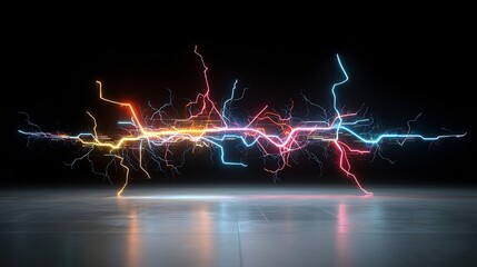 Multicolored electrical sparks branching out in vivid sharp lightning like patterns glowing with intense energy on a transparent background for a futuristic dramatic visual impact