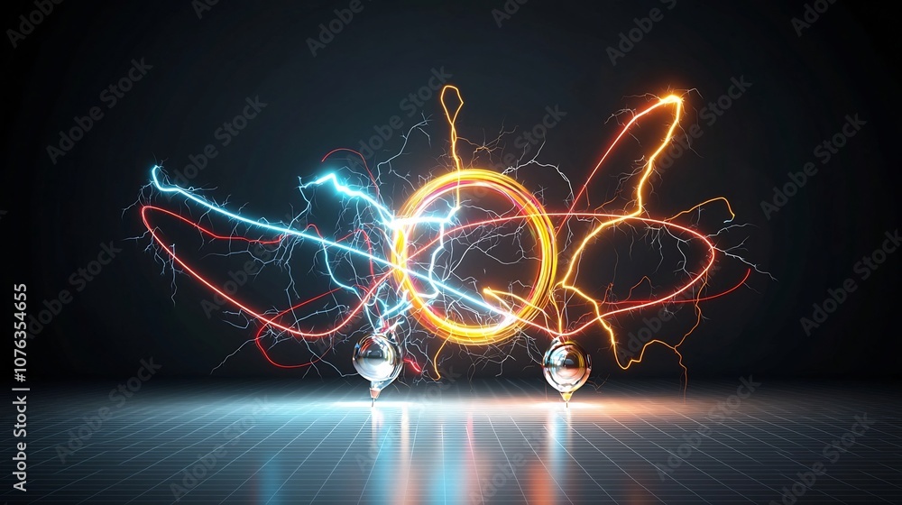 Fototapete bright glowing electrical sparks with colorful lightning branches radiating sharp energy lines on a 