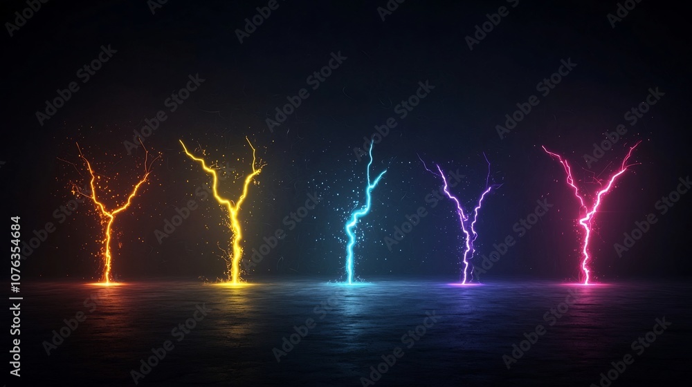 Aufkleber Radiant electric sparks in dynamic lightning like branches with a multicolored glow set against a transparent background for a powerful futuristic visual impact