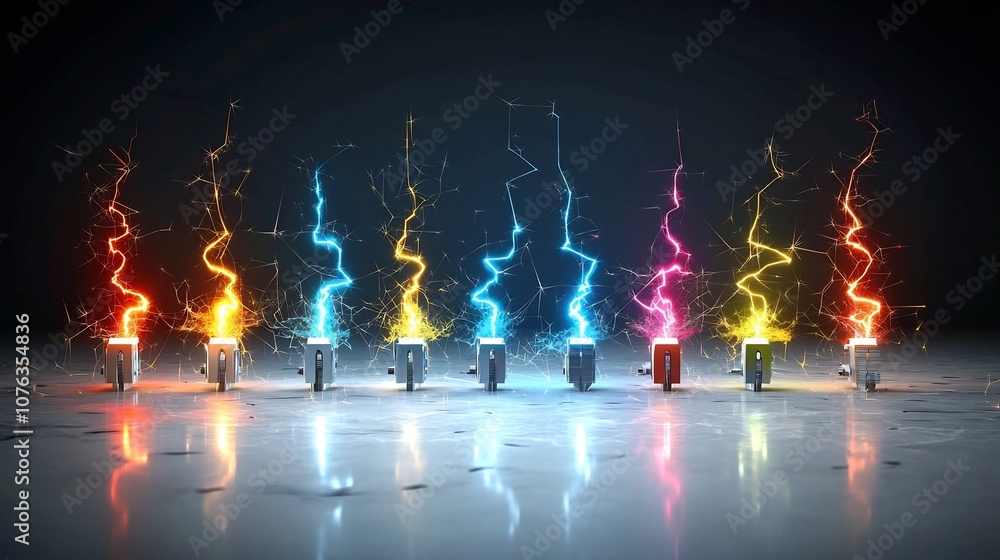 Poster Dramatic and captivating image showcasing sharp branching electrical sparks in a range of vibrant colors