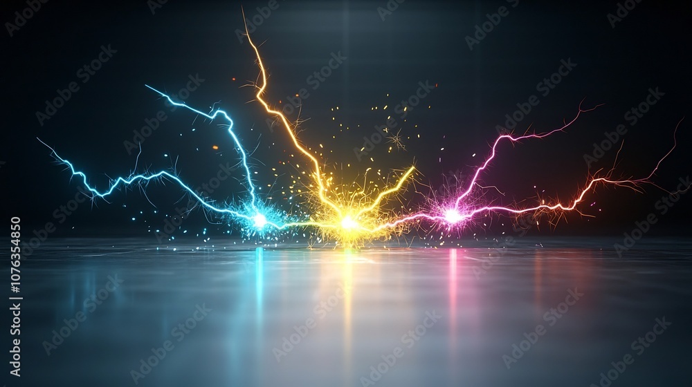Aufkleber Mesmerizing branching electrical sparks in a range of vivid colors glowing intensely and isolated on a transparent background creating a high energy visual effect