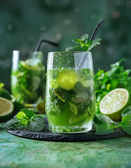 A vibrant and refreshing herbs and fruits juice in a clear glass, surrounded by fresh herbs