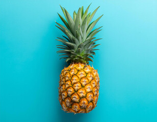 A single pic pineapple on blue background top view