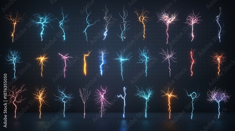 Fototapete striking multicolored electrical sparks branching across a transparent background ideal for tech ins