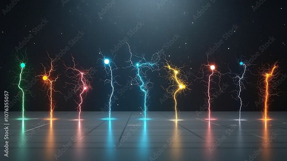 Poster Vivid multicolored lightning like electrical sparks branching across a transparent background creating an eye catching futuristic and technology inspired visual display