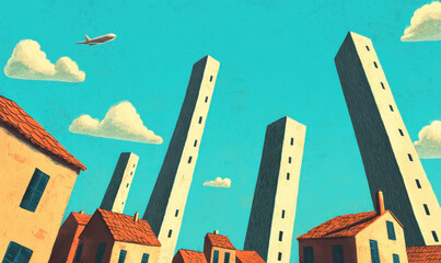 Surreal Cityscape with Towering Buildings and Passing Airplane