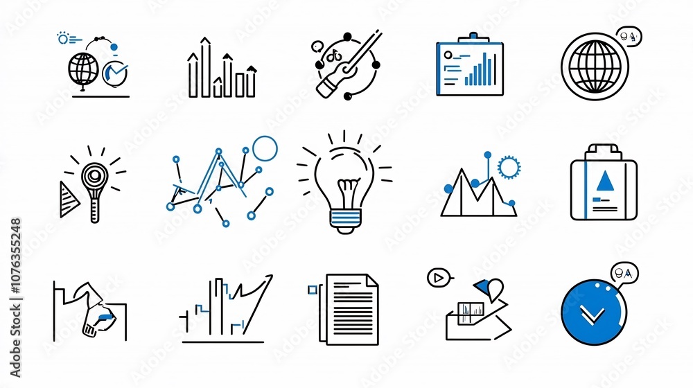 Poster Streamlined business icon set featuring 15 minimalist outlines that symbolize key elements of management analytics data and planning  These versatile graphics can be used in a variety of professional