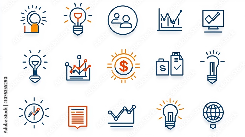 Poster Set of 15 Minimalist Linear Business Icons Representing Concepts Like Teamwork Growth Target Goals and Innovation in a Clean Style