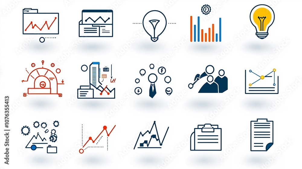 Poster A comprehensive set of 15 clean and simple business outline icons featuring key elements like leadership communication market analysis and finance for use in strategy management