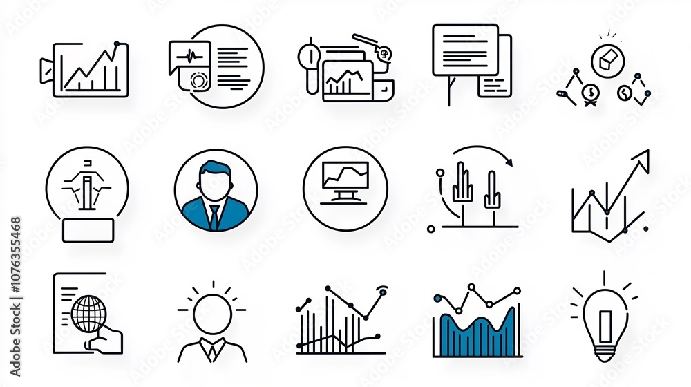 Poster Clean and minimalist set of 15 business outline icons showcasing key concepts such as leadership communication market analysis and finance in a simple vector based style  Suitable for corporate