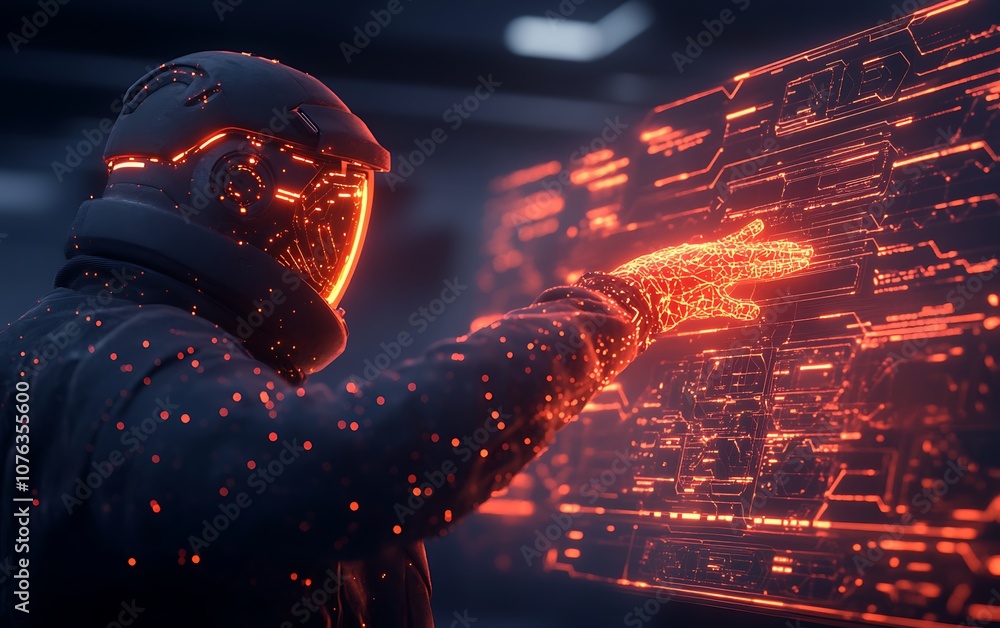 Aufkleber A futuristic figure interacts with a glowing, digital interface, surrounded by a dark environment, creating a high-tech atmosphere.