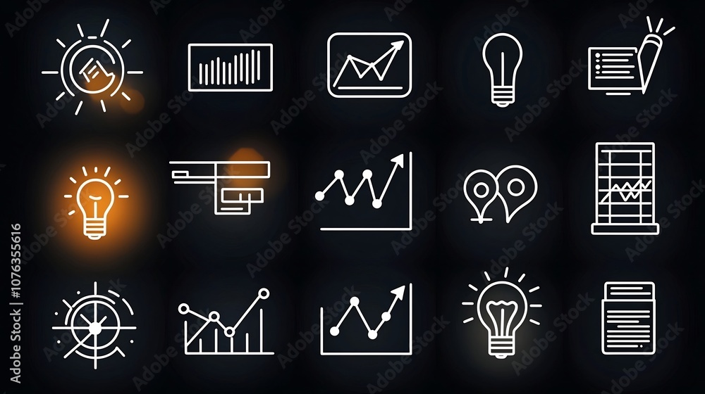 Poster set of 15 outline icons for business themes including goals productivity growth chart and teamwork s