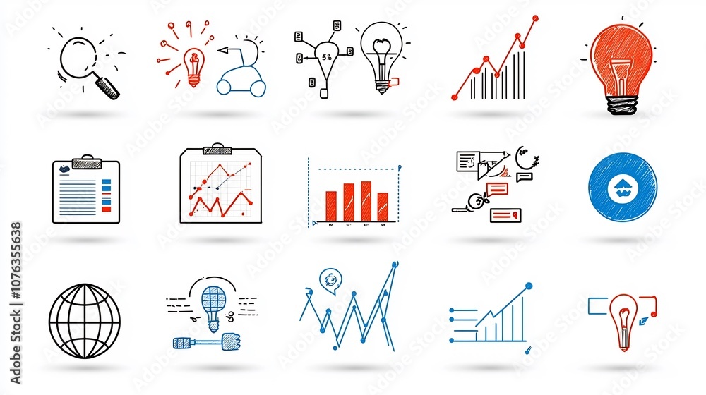 Poster Set of 15 Minimalist Outline Business Icons Representing Goals Productivity Growth Charts and Teamwork Symbols in Editable Style for UI UX and Graphic Design
