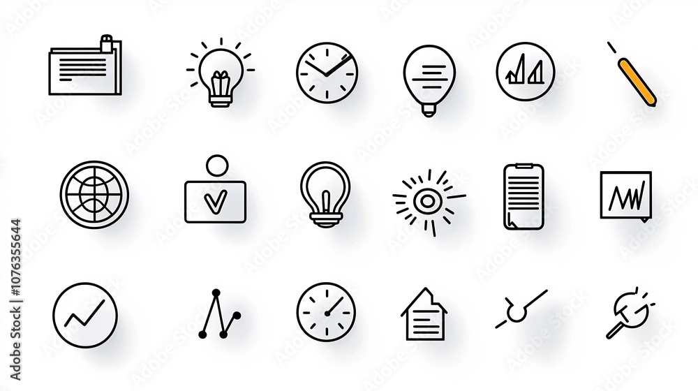 Poster Clean and modern of a minimalist business icon set featuring 15 outline icons focused on data management strategy and communication concepts