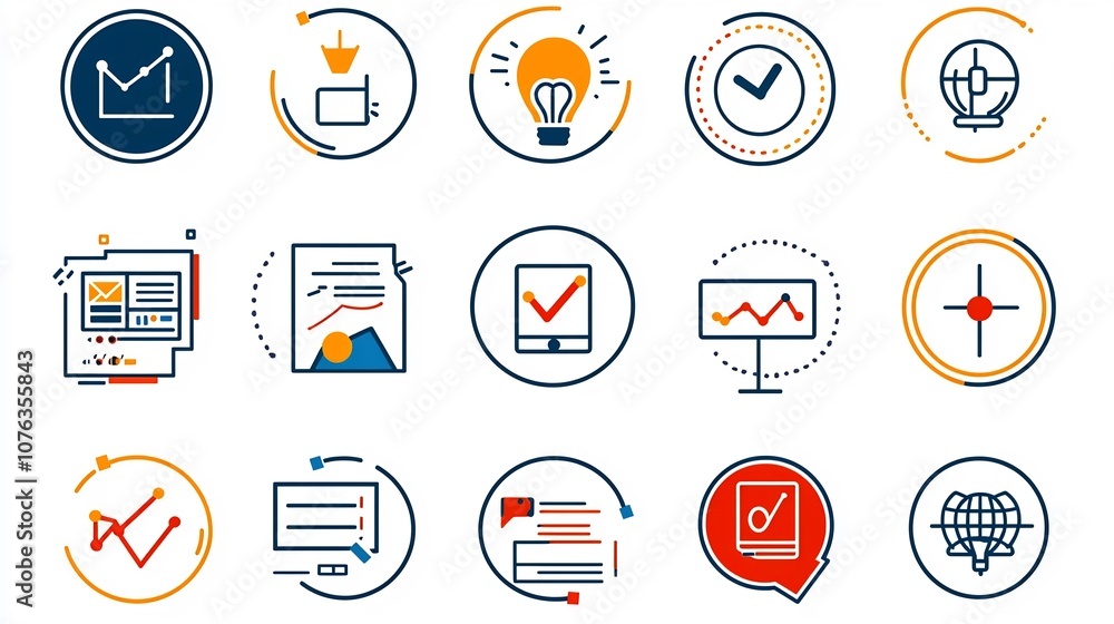 Aufkleber Set of 15 modern and minimalist business concept icons in a linear style including analytics target project management  These icons are designed for use in presentations reports