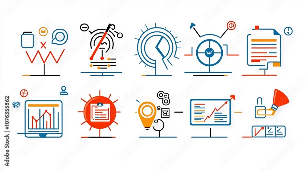 Aufkleber Set of 15 minimalist linear icons representing modern business concepts including analytics target project management ideal for infographic presentation and digital design applications
